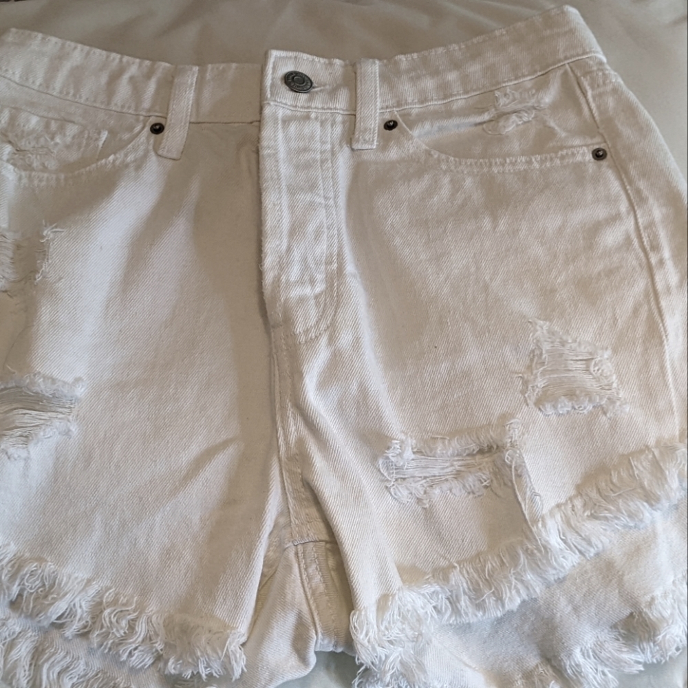 White Distressed High Rise Shorts